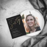 Minimalist Script Black and Gold 60th Photo Invitation<br><div class="desc">Modern minimalist 60th photo birthday party invitation features stylish faux gold foil number handwritten script Sixty and your party details in classic serif font on black background color, simple and elegant, great surprise adult milestone birthday invitation for men and women. the black background color can be changed to any color...</div>
