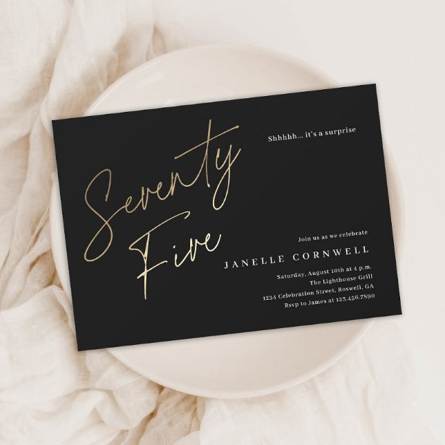Minimalist Script Black and Gold 75th Birthday Invitation (Modern gold script 75th birthday party invitations.)