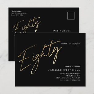 Minimalist Script Black and Gold 80th Birthday Postcard