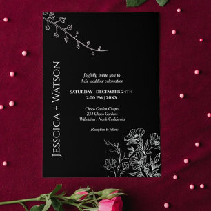 Minimalist script black and white floral wedding  invitation