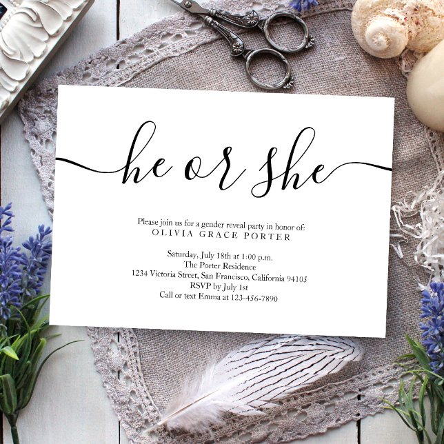 Minimalist Script Black and White Gender Reveal Invitation (Creator Uploaded)