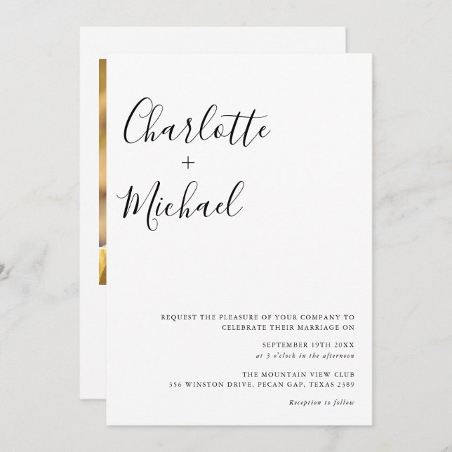 Minimalist Script Black And White Photo Wedding Invitation (Front/Back)