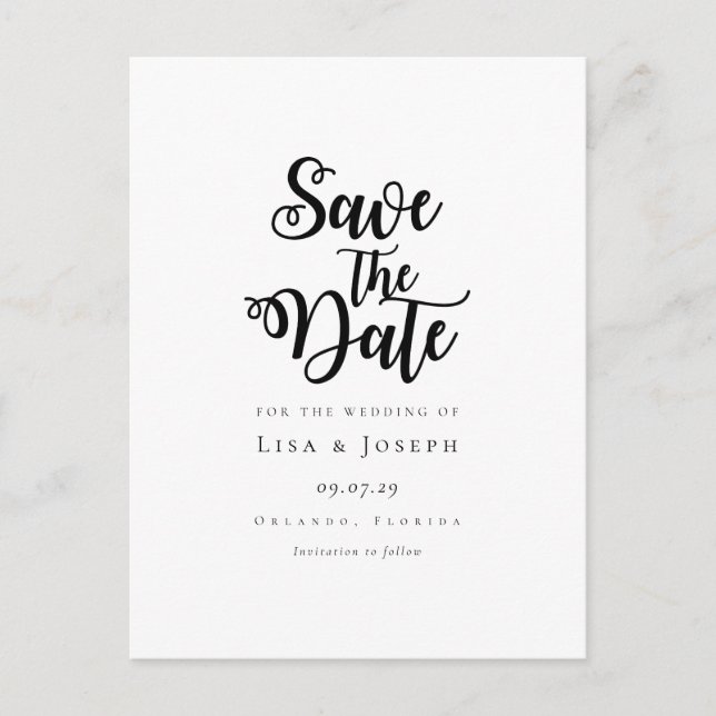 Minimalist Script Black and White Save the Date Announcement Postcard (Front)