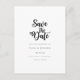 Minimalist Script Black and White Save the Date Postcard