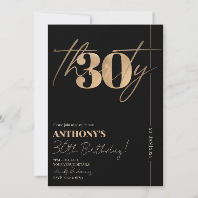 Minimalist Script Black & Gold 30th Birthday Party Invitation (Front)