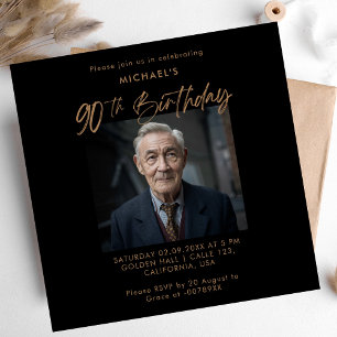 Minimalist Script Black & Gold 90th Photo Birthday Invitation