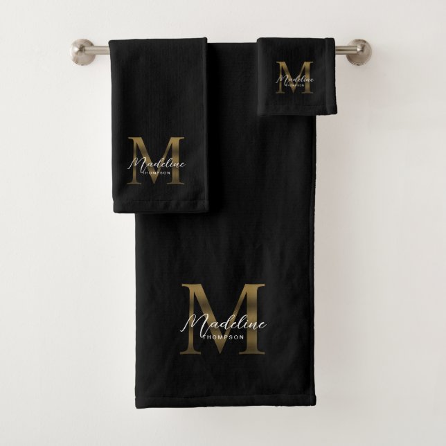 Minimalist Script Black Metallic Gold Monogram Bath Towel Set (Insitu)