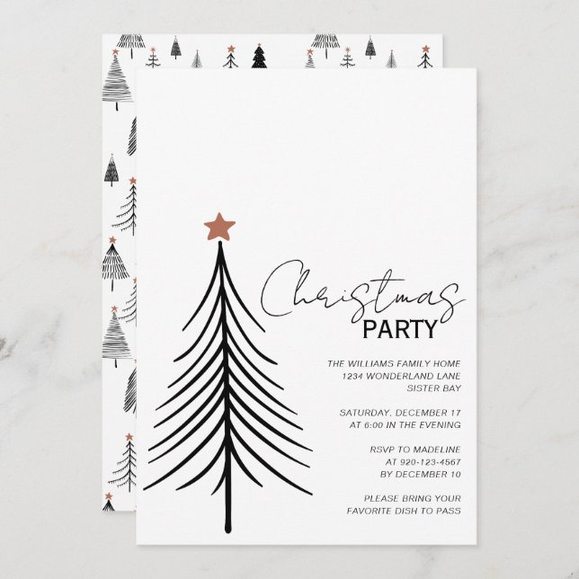 Minimalist Script Black White Christmas Party Invitation (Front/Back)