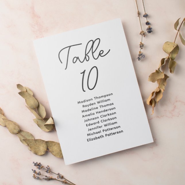 Minimalist Script Black White Seating Chart Table Number (Creator Uploaded)