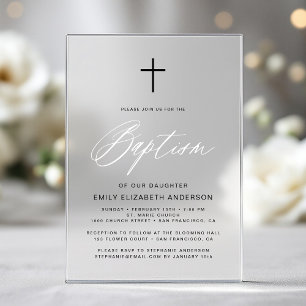 Minimalist Script Black White Simple Baptism Acrylic Invitations