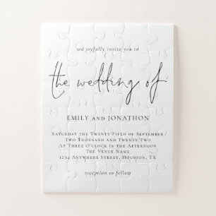 Minimalist Script  Black White Wedding Invitation Jigsaw Puzzle