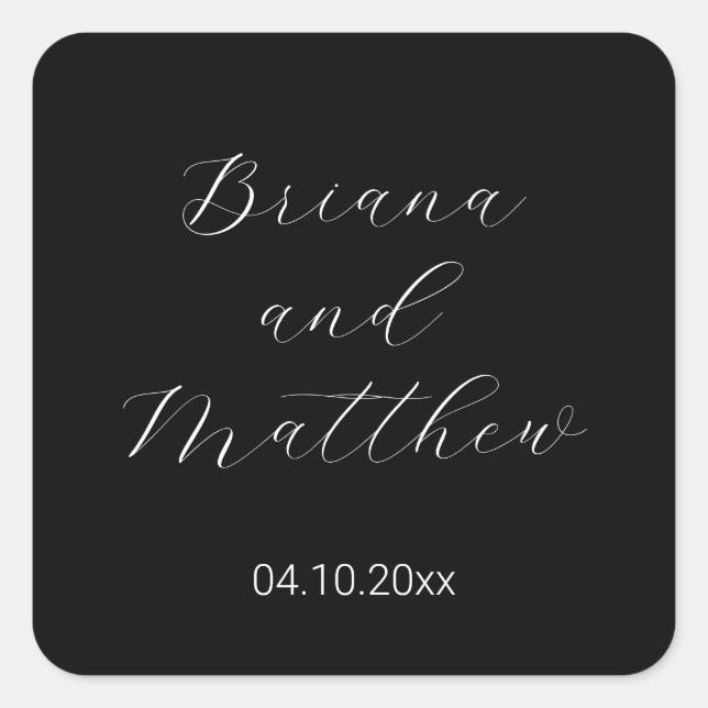Minimalist Script Black White Wedding Square Sticker (Front)