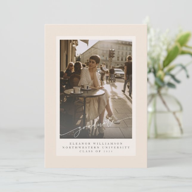 Minimalist Script Blush Overlay Photo Graduation Announcement (Standing Front)