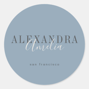 Minimalist Script Boho Dusty Blue Custom Business Classic Round Sticker
