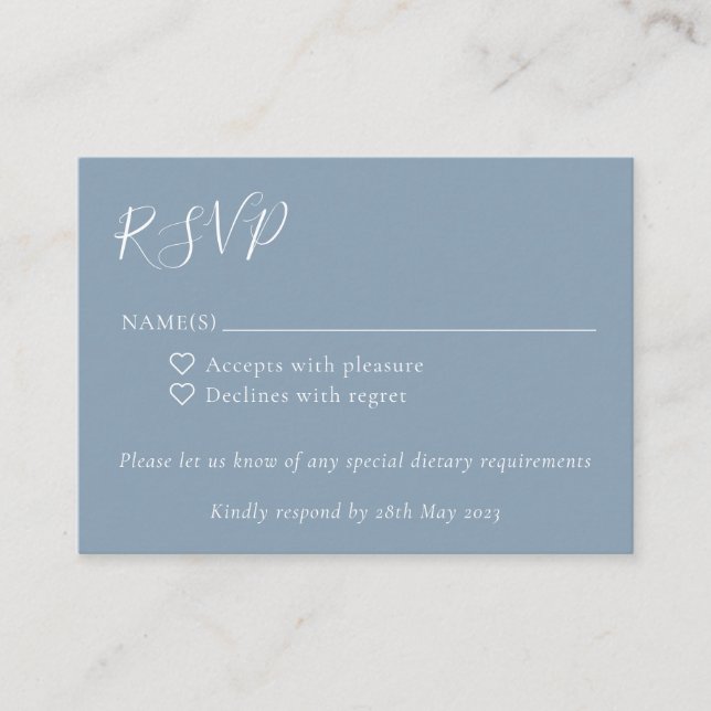 Minimalist Script Boho Dusty Blue Wedding RSVP Enclosure Card (Front)
