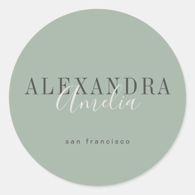 Minimalist Script Boho Sage Green Custom Business Classic Round Sticker (Front)