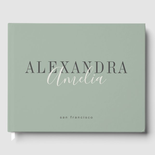 Minimalist Script Boho Sage Green Custom Business Guest Book (Front)