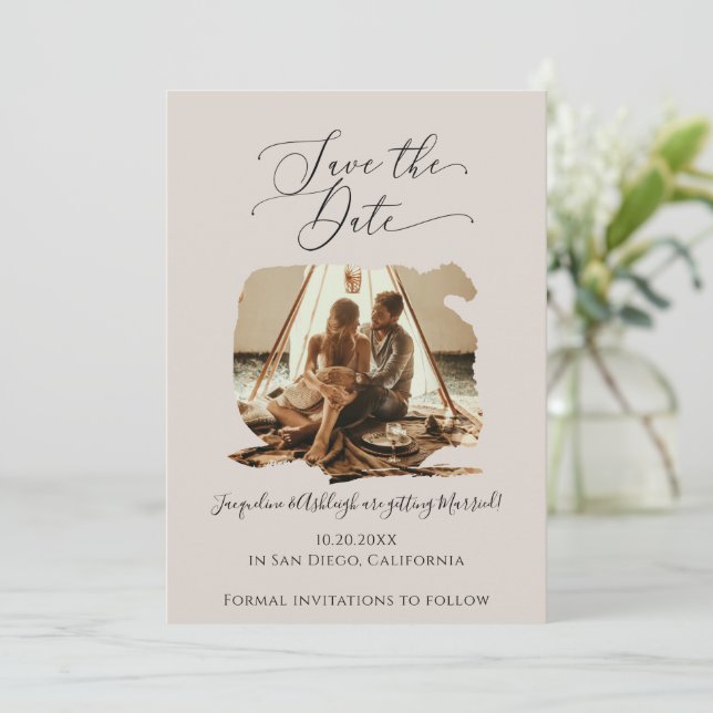 Minimalist Script Brush Stroke Taupe Grey Photo Save The Date (Standing Front)