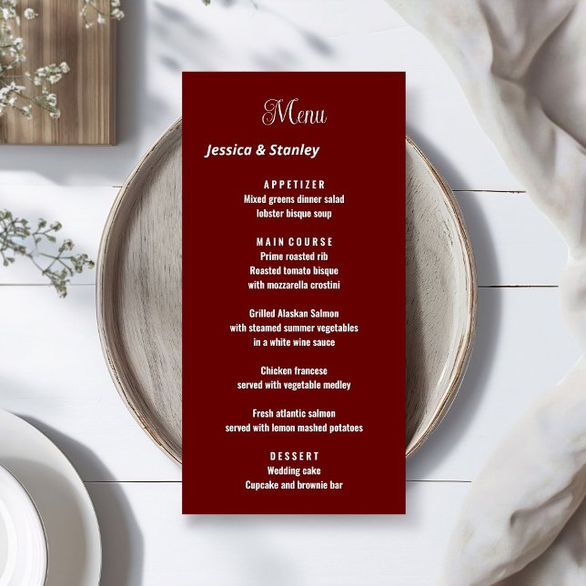 Minimalist script Burgundy wedding reception menu  (Creator Uploaded)