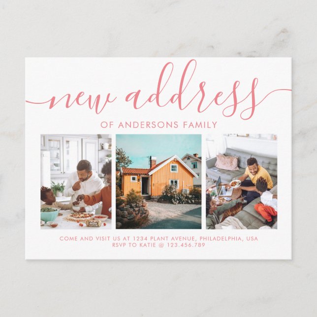 Minimalist Script Calligraphy 3 Photo New Address Announcement Postcard (Front)