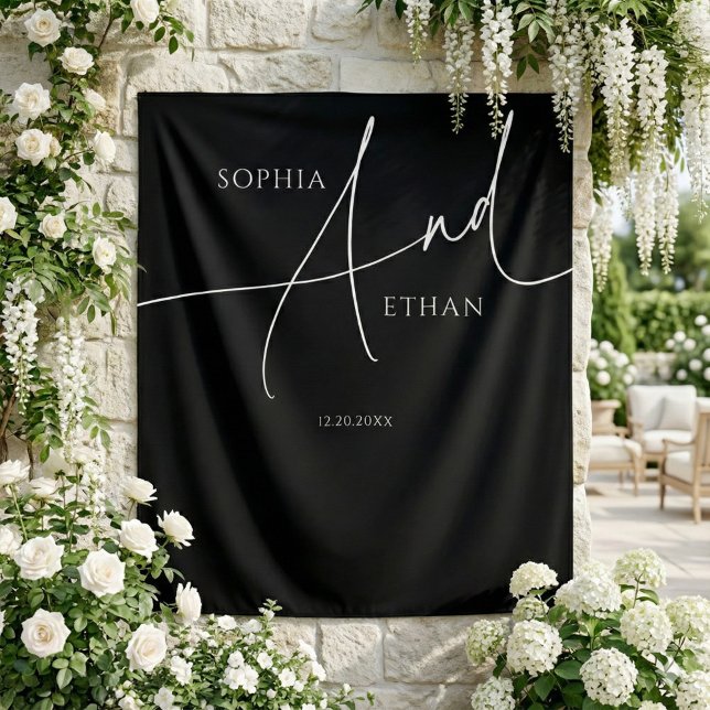 Minimalist Script Calligraphy Black Wedding Tapestry (Creator Uploaded)