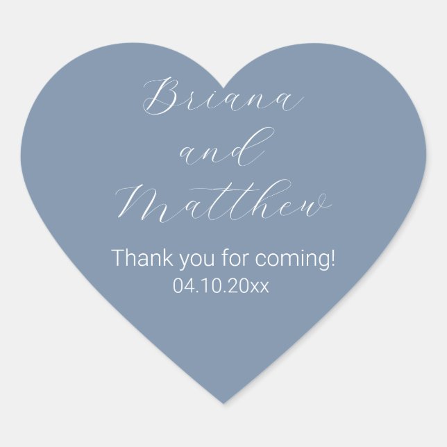 Minimalist Script Calligraphy Dusty Blue Favours Heart Sticker (Front)
