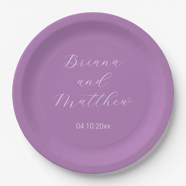 Minimalist Script Calligraphy Lavender Wedding Paper Plate (Front)