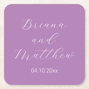 Minimalist Script Calligraphy Lavender Wedding Square Paper Coaster