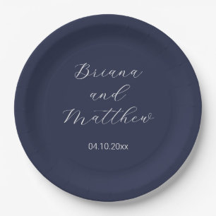 Minimalist Script Calligraphy Navy Blue Wedding Paper Plate
