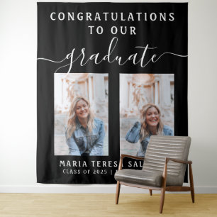 Minimalist Script Calligraphy Two Photo Graduation Tapestry