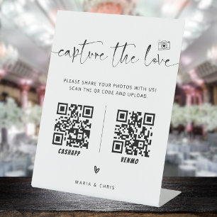 Minimalist Script Capture The Love QR code Wedding Pedestal Sign