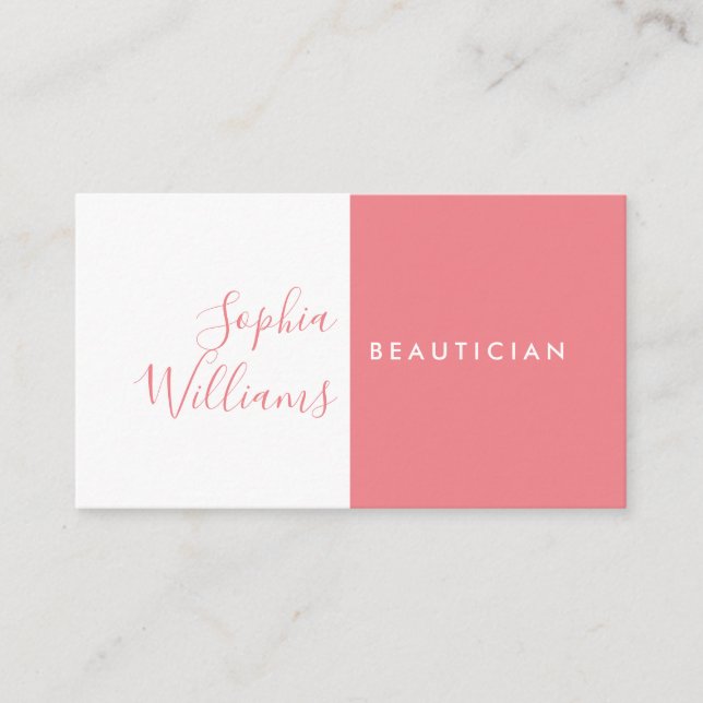 Minimalist Script Coral and White Business Card (Front)