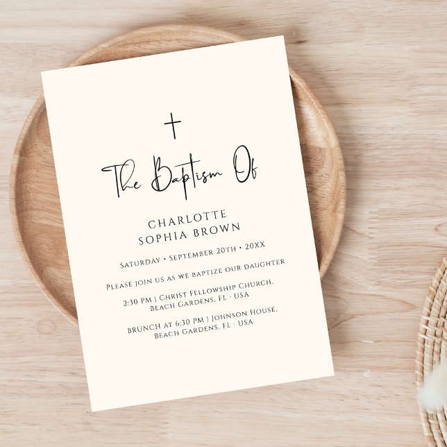 Minimalist Script Cream Catholic Boy Girl Baptism Invitation (Creator Uploaded)