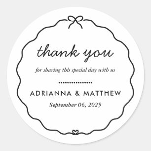 Minimalist Script Cute Bow Heart Frame Thank You Classic Round Sticker