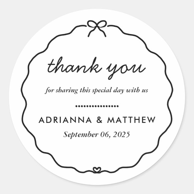 Minimalist Script Cute Bow Heart Frame Thank You Classic Round Sticker (Front)