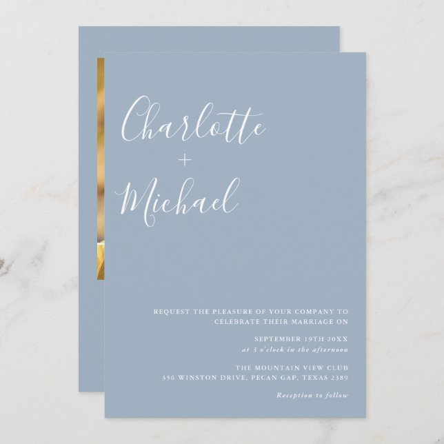 Minimalist Script Dusty Blue Photo Wedding Invitation (Front/Back)