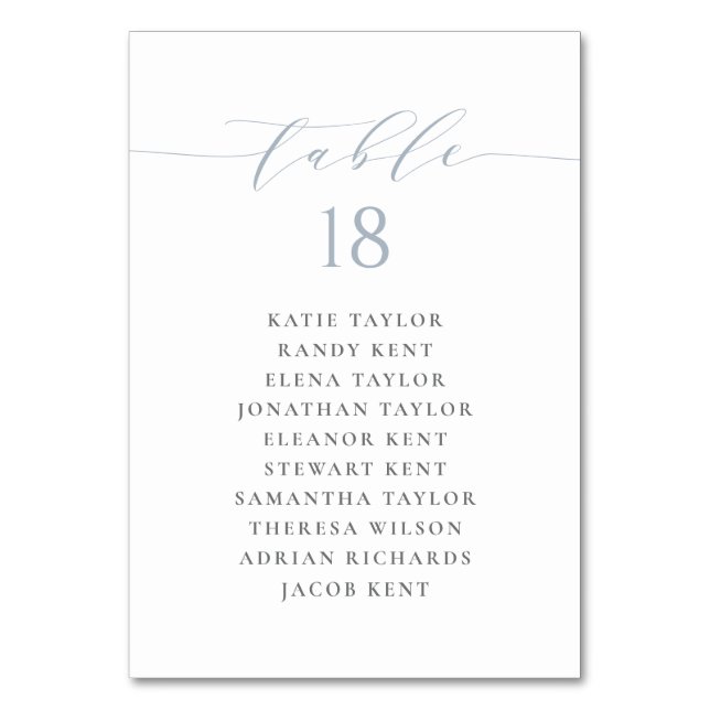 Minimalist Script Dusty Blue Wedding Seating Plan Table Number (Front)