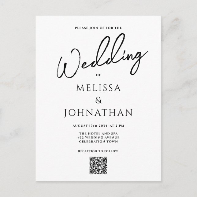 Minimalist Script Elegant QR Code Wedding Invitation Postcard (Front)
