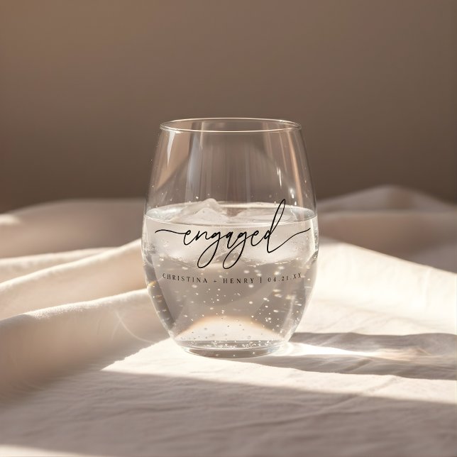 Minimalist Script "Engaged" Custom Names Stemless Wine Glass (Creator Uploaded)