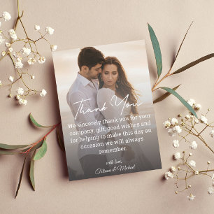 Minimalist Script Faded Photo Wedding Thank You Card