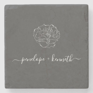 Minimalist Script Flower Black White Personalised Stone Coaster
