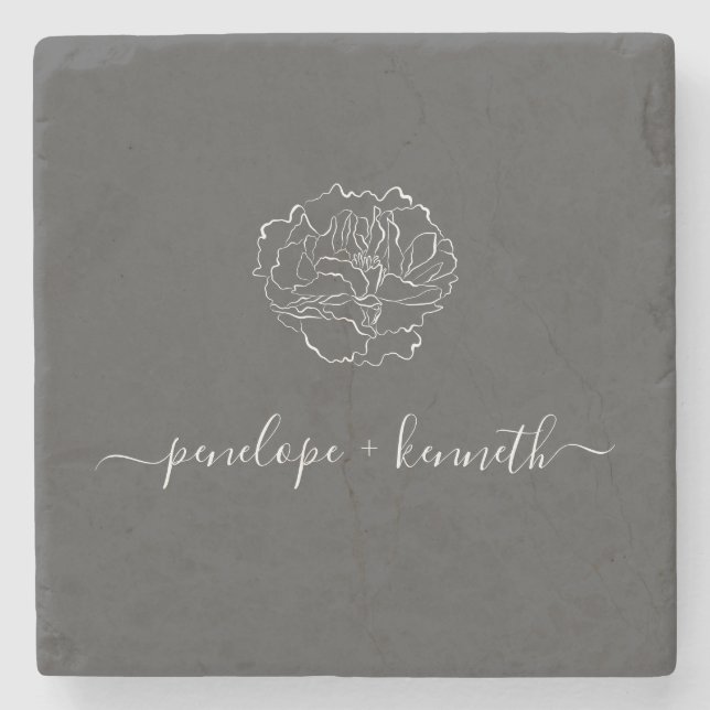 Minimalist Script Flower Black White Personalised Stone Coaster (Front)