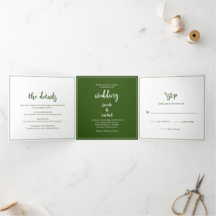 Minimalist Script Forest Dark Green Wedding Tri-Fold Invitation