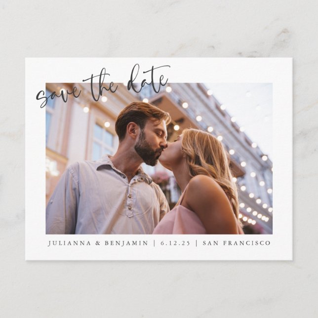 Minimalist Script Full Photo Wedding Save Date Postcard (Front)