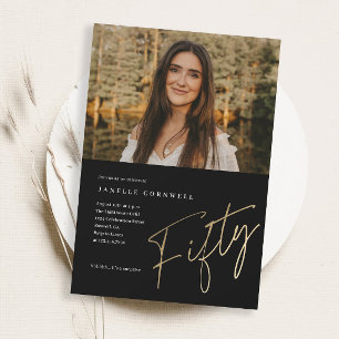Minimalist Script Gold 50th Photo Birthday Invitation