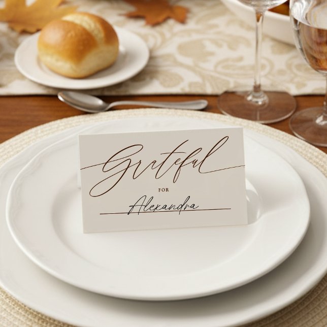 Minimalist Script Grateful For Thanksgiving  Place Card (Creator Uploaded)