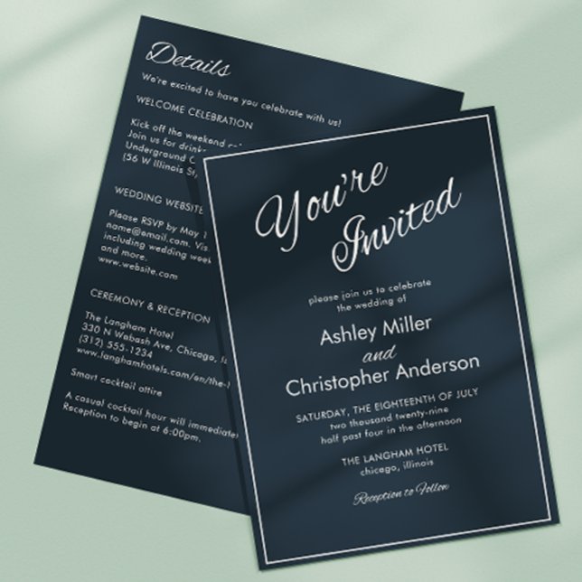 Minimalist Script Gunmetal Blue All-in-One Wedding Invitation (Creator Uploaded)