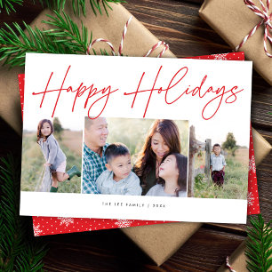 Minimalist Script Happy Holidays 3 Photo Christmas Holiday Card