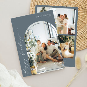 Minimalist Script Happy Holidays Photo Blue Grey Holiday Card