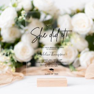 Minimalist Script Heart She did it Graduation Acrylic Invitations